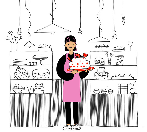 Ζαχαροπλαστική Chef γυναίκα στο κατάστημα εσωτερικό - Διάνυσμα, εικόνα