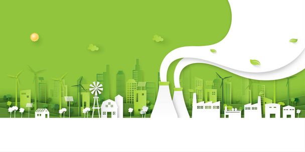 緑の産業と環境に優しい街並みを背景にクリーンエネルギー。生態学と環境コンセプトの一部。. - ベクター画像