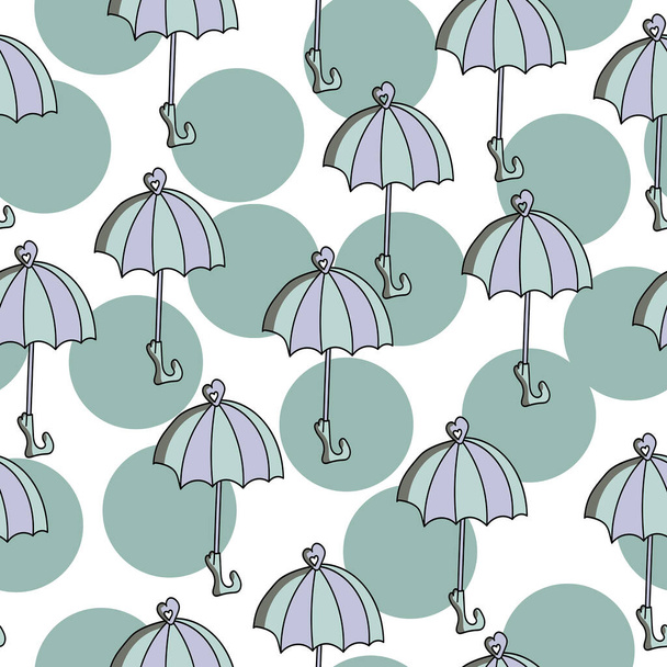 Niebiesko-zielone parasole bezszwowy wzór, akcesoria przeciwdeszczowe i zielone kółka na białym tle dla projektowania i kreatywności - Wektor, obraz