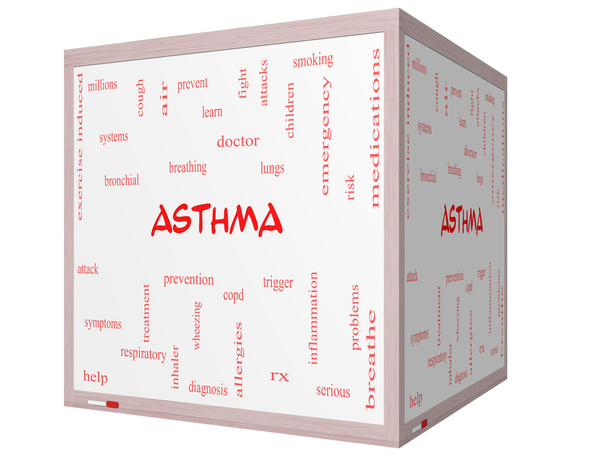 astma woord wolk concept op een 3d cube whiteboard - Foto, afbeelding