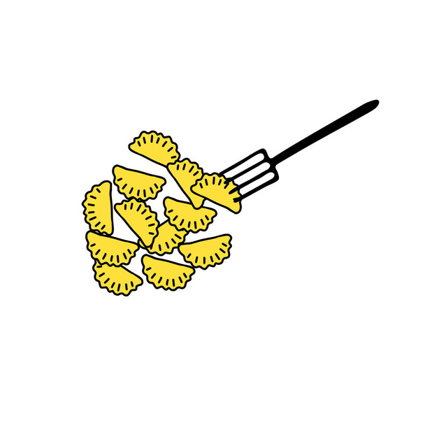 Um esboço desenhado à mão ilustração vetorial plana de um grupo de chebureks ou bolinhos amarelos quentes com um garfo - Vetor, Imagem