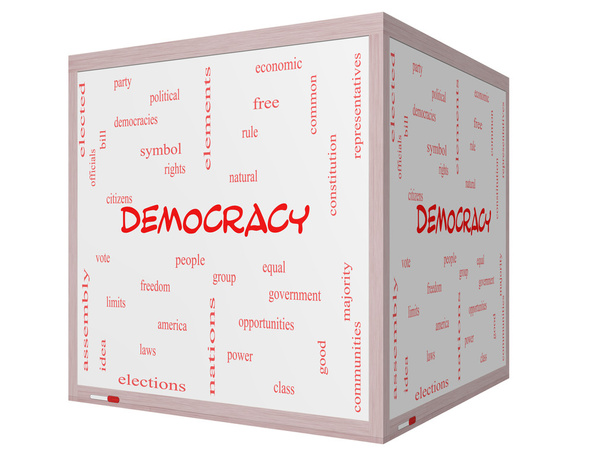 Demokratie Wort Wolke Konzept auf einem 3D-Würfel Whiteboard - Foto, Bild
