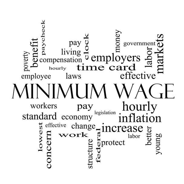 Concepto de nube de palabra de salario mínimo en blanco y negro
 - Foto, Imagen