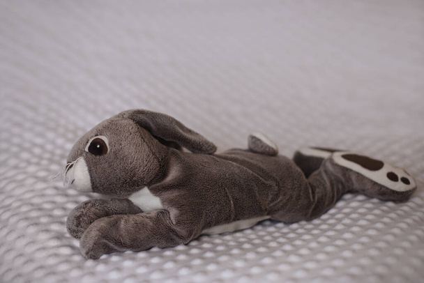 A selective focus shot of a cute gray stuffed bunny toy on a blanket - Фото, зображення