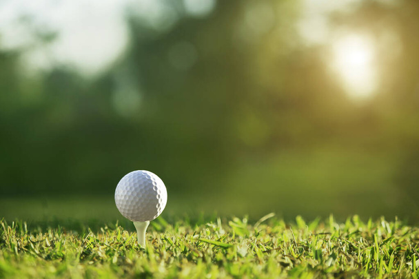 golfový míček na tee v krásném golfovém hřišti s ranním slunce.Připraven na golf v první krátce.Sport, který lidé po celém světě hrají během prázdnin pro zdraví. - Fotografie, Obrázek