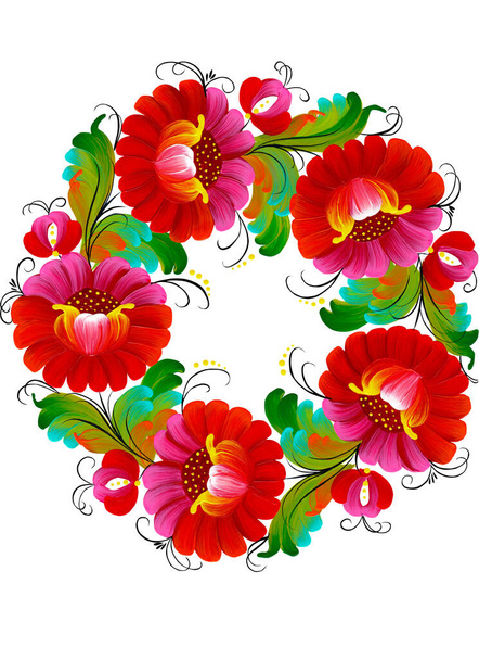 Pattern hand drawn floral wreath. Illustration in Ukrainian traditional folk painting. Beautiful greeting card with flowers - Zdjęcie, obraz
