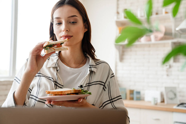 Beautiful focused woman working with laptop while eating sandwich in home kitchen - 写真・画像