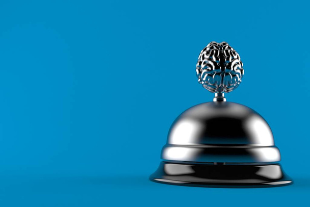 Gehirn mit Hotelglocke isoliert auf blauem Hintergrund. 3D-Illustration - Foto, Bild