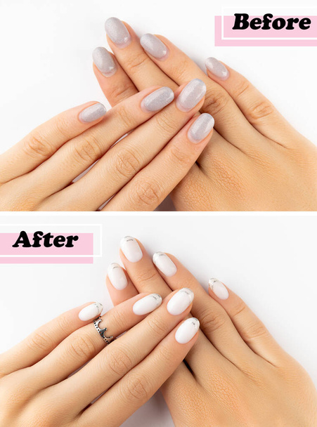 Γυναικεία χέρια πριν και μετά τη διαδικασία διόρθωσης μανικιούρ - Φωτογραφία, εικόνα