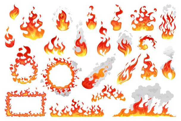 Vuurvlammen, vuurballen en brandend kampvuur - Vector, afbeelding