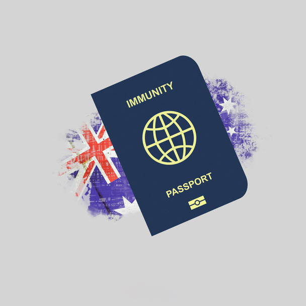 オーストラリアの国旗を背景に、免疫パスポート。国内に入るために、人々はCOVID-19から予防接種または回復しました。ビジネスや旅行のために. - 写真・画像