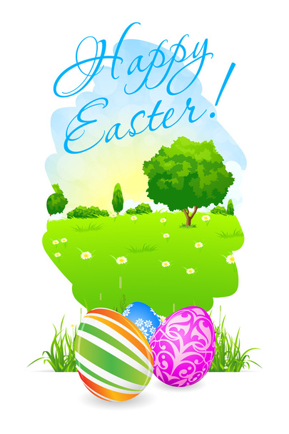 Easter Card with Landscape and Decorated Eggs - Vector, afbeelding