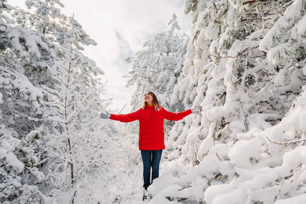 Femme randonneuse en veste rouge parmi les arbres enneigés dans la forêt d'hiver. Voyageuse avec des arbres à neige par temps froid et ensoleillé - Photo, image