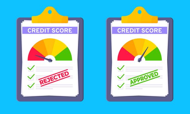 Rejected and approved credit score gauge speedometer indicator color levels on clipboard set. - Vector, Image