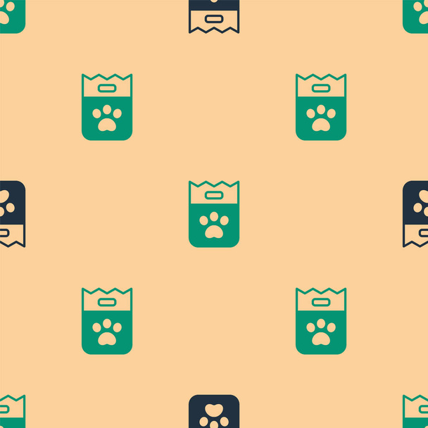 Green and black Bag of food for dog icon isolated seamless pattern on beige background. Dog or cat paw print. Food for animals. Pet food package.  Vector. - Vektör, Görsel