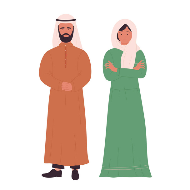 Familia o pareja musulmana, marido y mujer jóvenes árabes de pie juntos - Vector, imagen