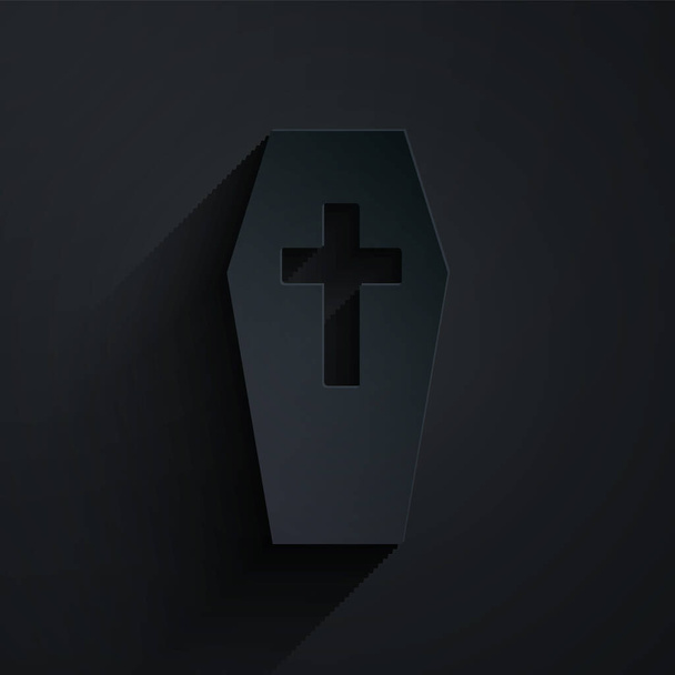 Découpe en papier Cercueil avec icône croix chrétienne isolé sur fond noir. Bonne fête d'Halloween. Style art du papier. Vecteur. - Vecteur, image