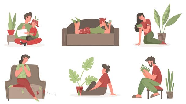 Οι άνθρωποι περνούν το χρόνο τους στο σπίτι που, νεαρός άνδρας και γυναίκα ανάγνωση βιβλίων, κρατώντας smartphone - Διάνυσμα, εικόνα
