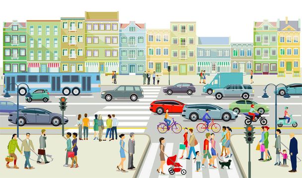 Road traffic with people on the sidewalk illustration - Vector, Image