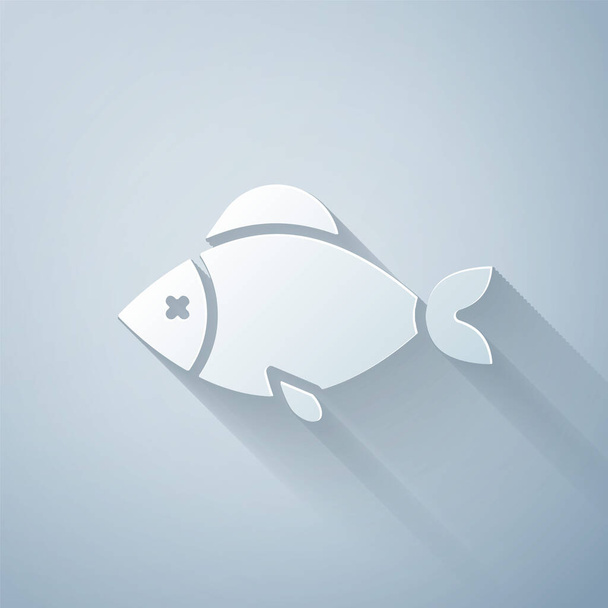 Paper cut Fish icon isolated on grey background. Paper art style. Vector. - Vector, Image