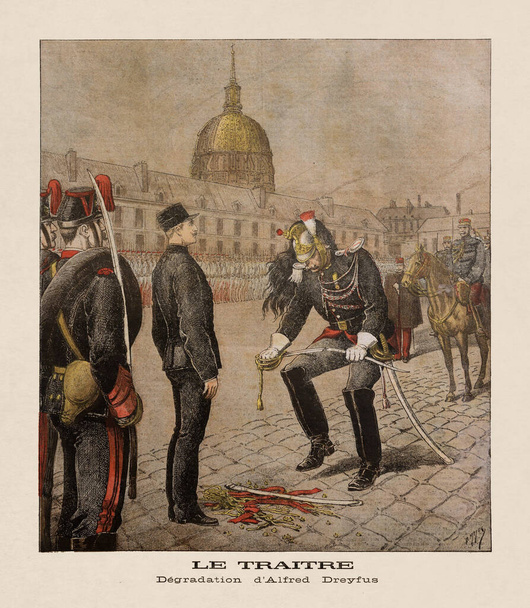 Antigua ilustración sobre Alfred Dreyfus de H. Meyer publicada el 13 de enero de 1895 en el diario "Le Petit Journal" - Foto, imagen