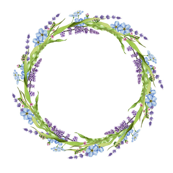 Bloemen lente Pasen krans aquarel illustratie. Elegante lente en zomer rond rustieke inrichting van lavendel, vergeet-me-niet bloemen. Met de hand getekende tuinkrans. Feestelijke decoratie op witte achtergrond - Foto, afbeelding