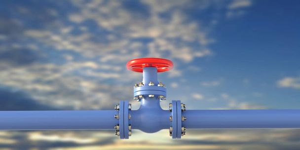 Water piping. Industrial metal pipeline blue color and valve with red wheel on blue sky background, banner. Drink water treatment plant. 3d illustration - Photo, Image