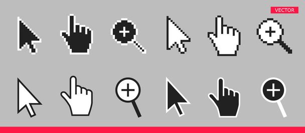 Fekete-fehér nyíl, kéz és nagyító egér kurzor ikonok vektor illusztráció. - Vektor, kép