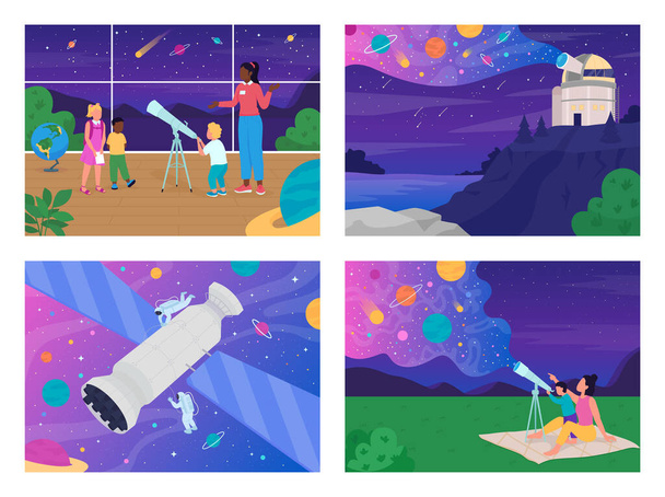 Teaching interesting science facts flat color vector illustration set. Exploring new planets with telescope 2D cartoon characters with big night sky with lots of stars on background - Vektori, kuva