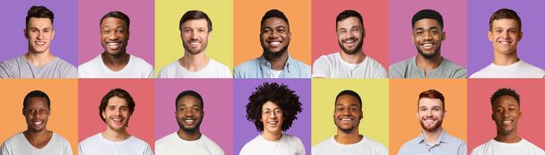 Conjunto de hombres multirraciales guapos sonriendo sobre fondos coloridos - Foto, Imagen