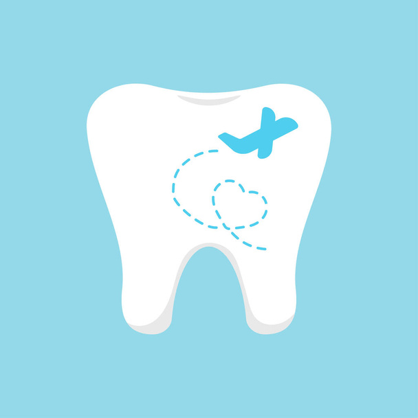 Tandheelkundig toerisme logo met tand en vliegtuig medisch icoon. - Vector, afbeelding