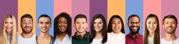 Социальное разнообразие и разнообразие. Мозаика человеческих лиц, люди разных национальностей, улыбающиеся на фоне цветной студии - Фото, изображение