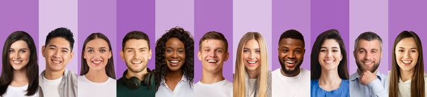 Société humaine internationale. Collage de personnes gaies multiethniques posant et souriant sur fond de studio couleur - Photo, image