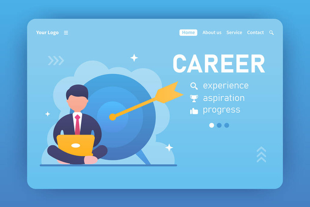 Career. Landing page template. Vector concept of goal, success, target, aim. A businessman in a suit sits at a laptop in a lotus position and works on a new project. Target with an arrow. Business. - Vector, Image