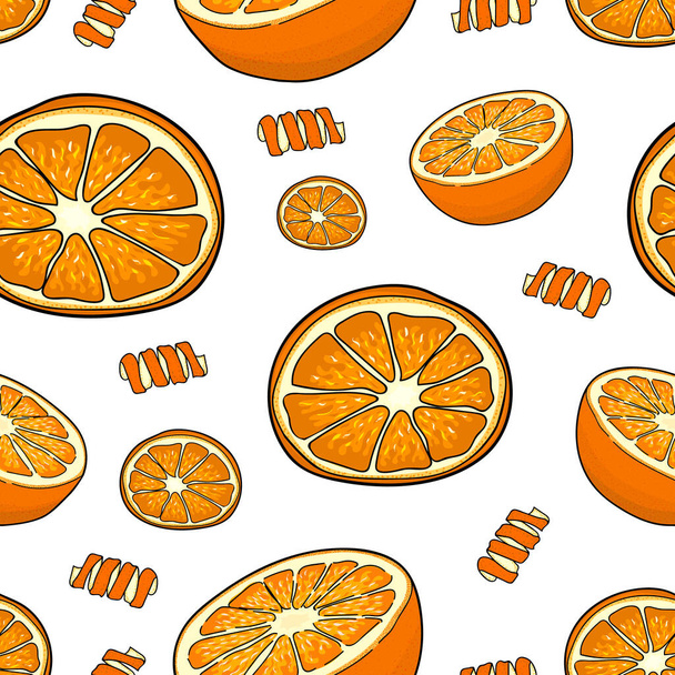 Seamless pattern of orange slices and orange peel. white background. Hand drawing. Vector illustration. - Vektor, Bild