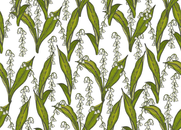 Jarní bezešvý vzor s ručně kreslenými květinami lilie údolí. Vzor lze použít pro tapety, pozadí webové stránky, povrchové textury. - Vektor, obrázek