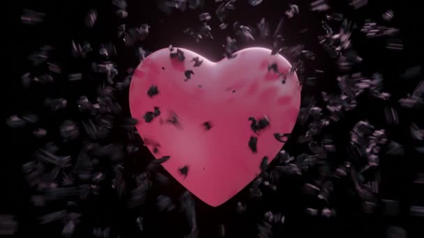 Animatie zwart hart desintegratie schil in roze hart op zwarte achtergrond. ,3d model en illustratie. - Video