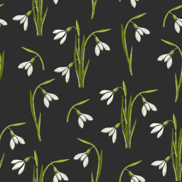 Spring seamless pattern with hand drawn snowdrops. Pattern can be used for wallpaper, web page background, surface textures. - ベクター画像