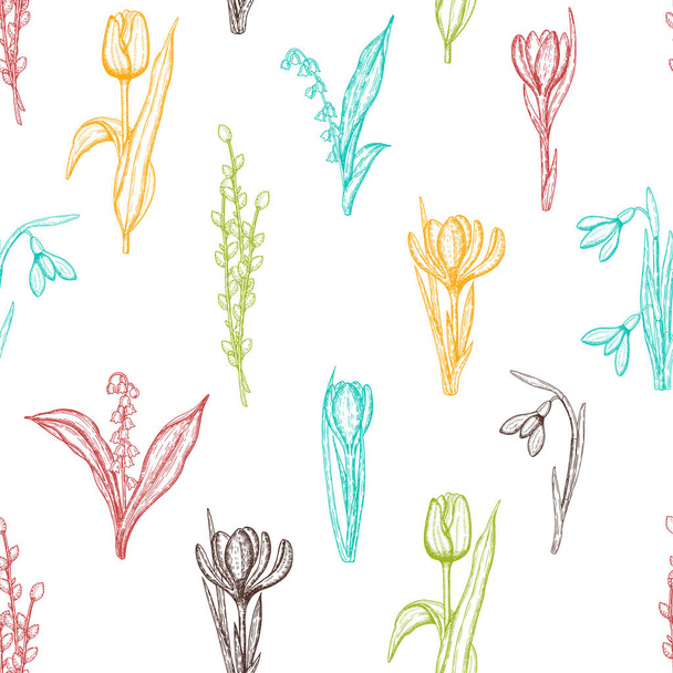 Spring seamless pattern with hand drawn flowers lilies of the valley, willow, tulip, snowdrop, crocus. Pattern can be used for wallpaper, web page background, surface textures. - Vettoriali, immagini