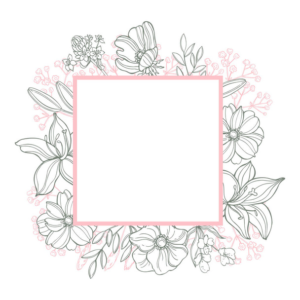 Floral vector frame  with hand drawn flowers and leaves .  Sketch  illustration. - Vector, afbeelding