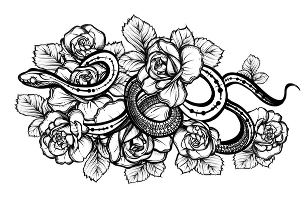 Vector illustration, snake and flowers, tattoo, print on t-shirt, Handmade - Wektor, obraz