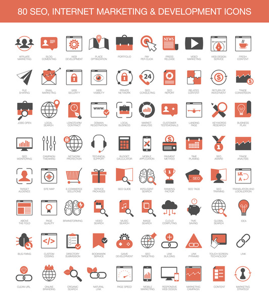 Conjunto de 80 iconos de SEO, marketing online y desarrollo
 - Vector, Imagen