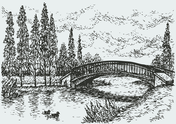 τοπίο του διανυσματικό. γέφυρα πάνω από τον ποταμό και λεύκες κατά μήκος του δρόμου  - Διάνυσμα, εικόνα