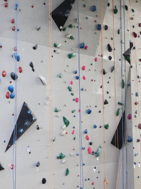 climbing wall with colored ropes and holds in Bos en Lommer Amsterdam           - Foto, imagen