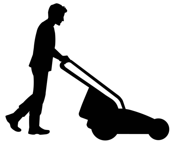 Isolated vector silhouette of a gardener with a lawn mower cutting grass - Vecteur, image