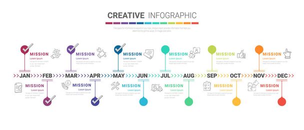 Tijdlijn infographics Volledig jaar, Alle maand planner ontwerp en presentatie business kan worden gebruikt voor Business concept met 12 opties. - Vector, afbeelding