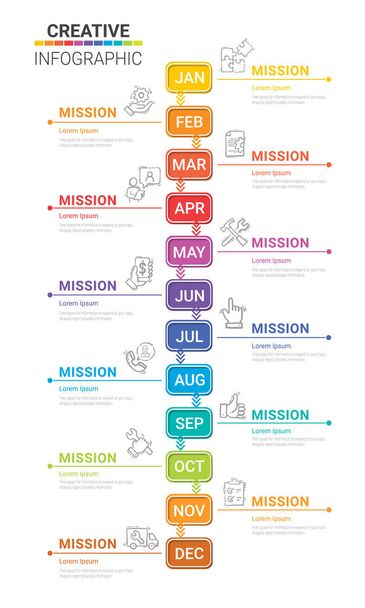 Cronología para 1 año, 12 meses, infografías todo el mes de diseño planificador y negocio de presentación se puede utilizar para el concepto de negocio con 12 opciones, pasos o procesos.  - Vector, Imagen