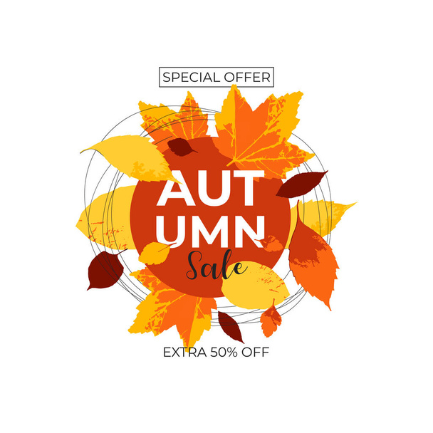 Autumn sale banner discount round label sticker in colorful autumn leaves background and continuous line. Fall season shopping promotion banner, poster, flyer. Vector flat shopping illustration. - Vector, Image