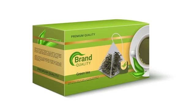 緑茶の包装。現実的な製品パックのデザイン。コピースペースのブランドアイデンティティテンプレート。乾燥葉のためのピラミッドバッグ。プレミアム品質の商品。ベクトル段ボール容器 - ベクター画像