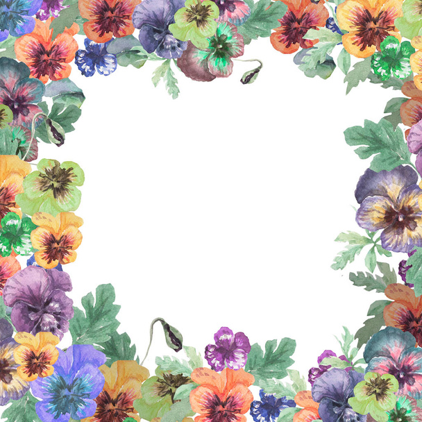 Pansies, flowers, bloom, flora. Seamless pattern, print, textile. hand-drawn watercolor illustration. spring, summer, nature. Purple, yellow, pinkSet border pattern wreath postcard composition in background - Foto, immagini